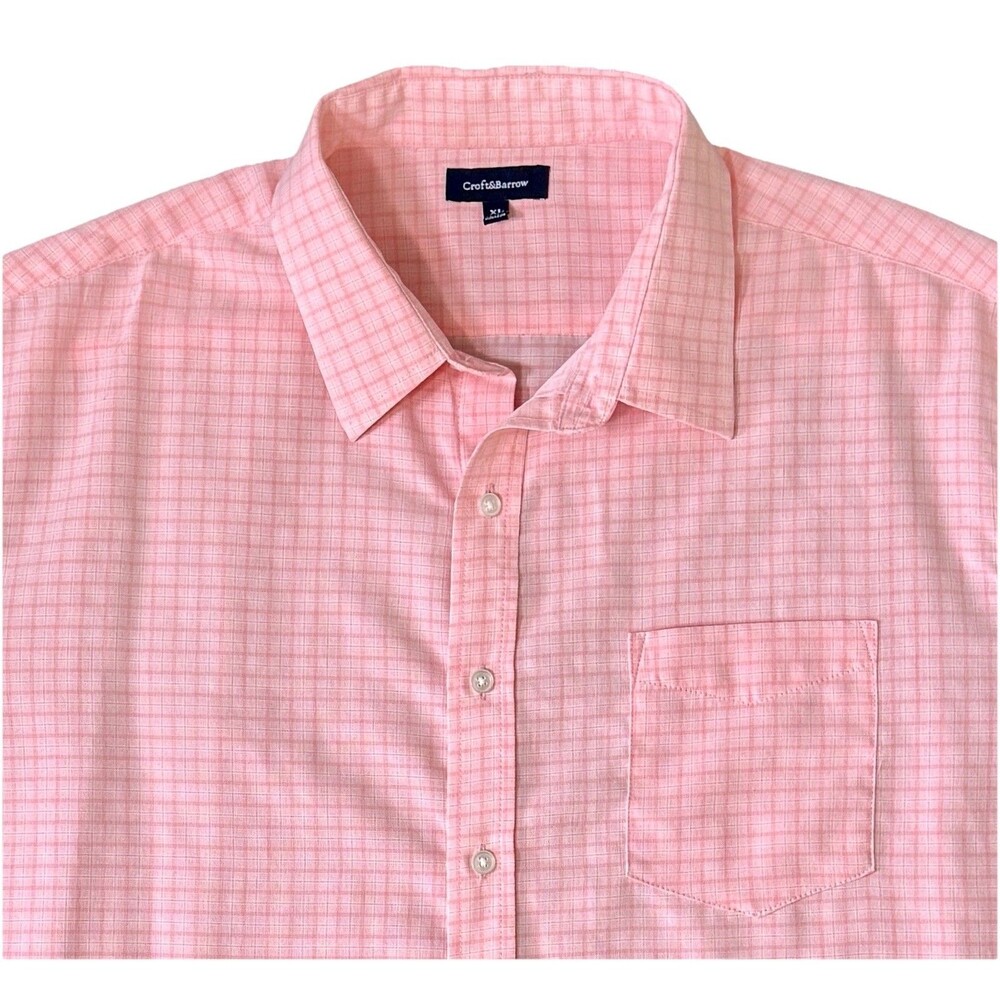 Mens Pink Check Short Sleeve Button Up Shirt Pocket Preppy Casual Size XL